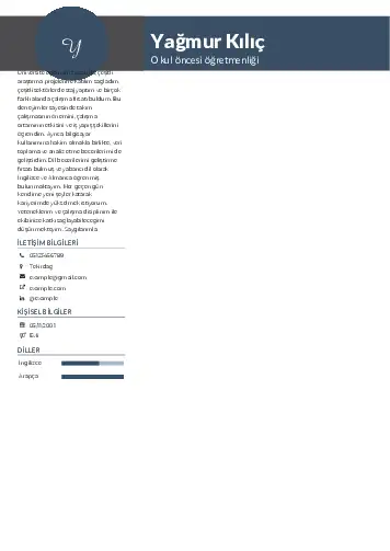 Okul Öncesi Öğretmeni Öğretmenliği Cv Örnekleri cv indir